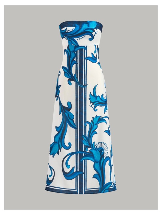 Commense Dresses & Skirts - Commense White Strapless Maxi Dress with Blue Scroll Print